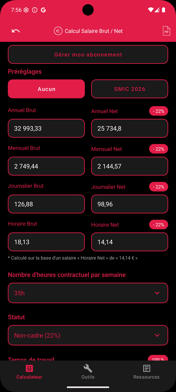 Capture d'écran de l'application Calcul salaire Brut Net