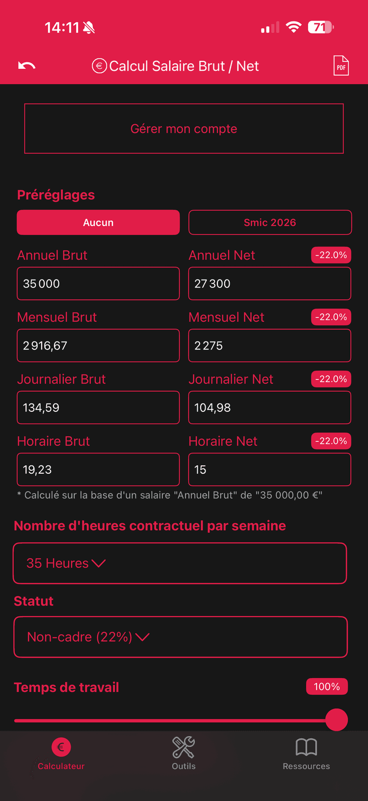 Capture d'écran de l'application Calcul salaire Brut Net