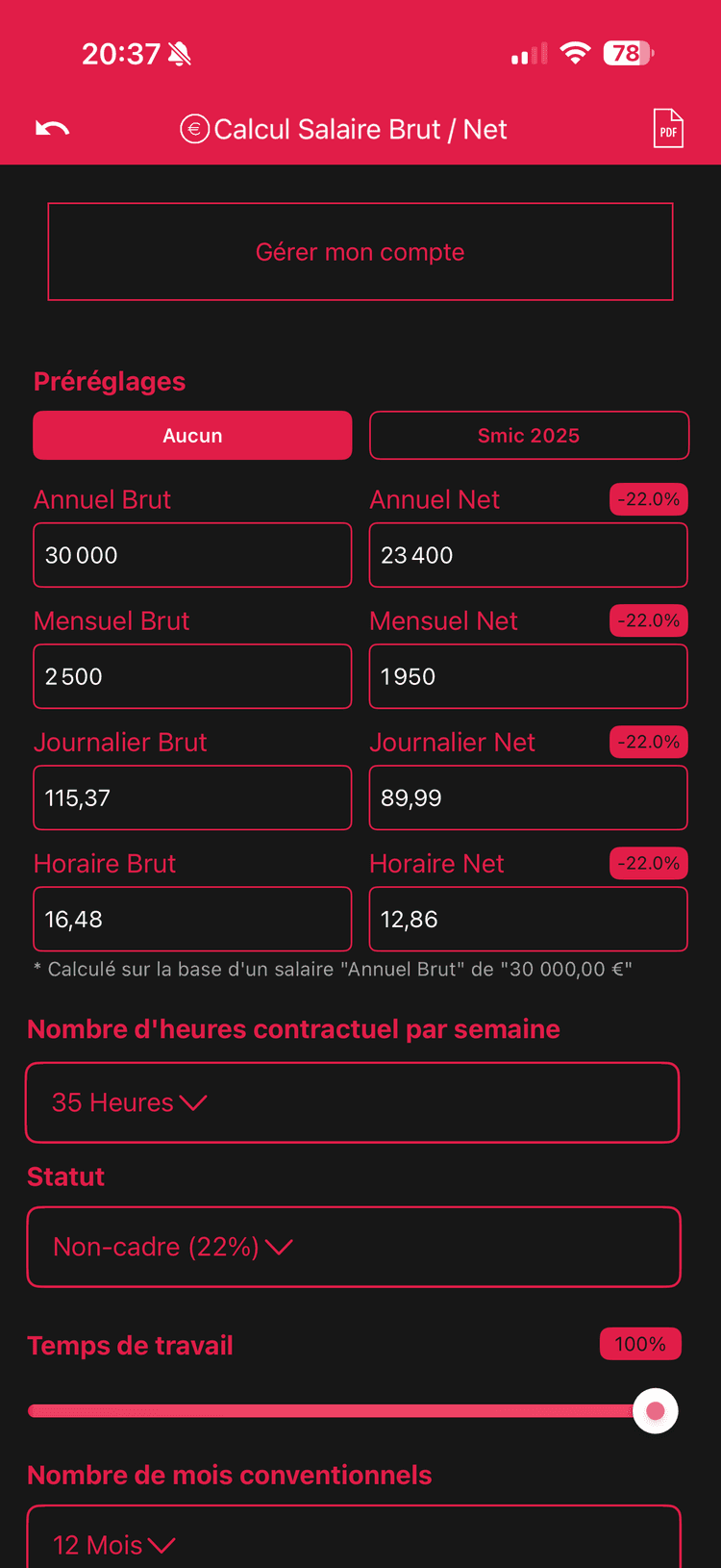 Capture d'écran de l'application Calcul salaire Brut Net