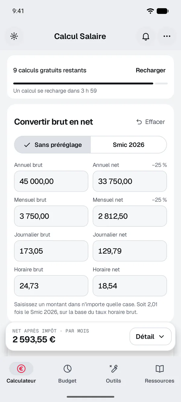 App Android Calcul Salaire, calculateur : 45 000 € brut par an pour un cadre, soit 2 593,55 € net après impôt par mois