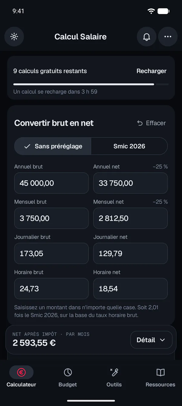 App Android Calcul Salaire, calculateur : 45 000 € brut par an pour un cadre, soit 2 593,55 € net après impôt par mois