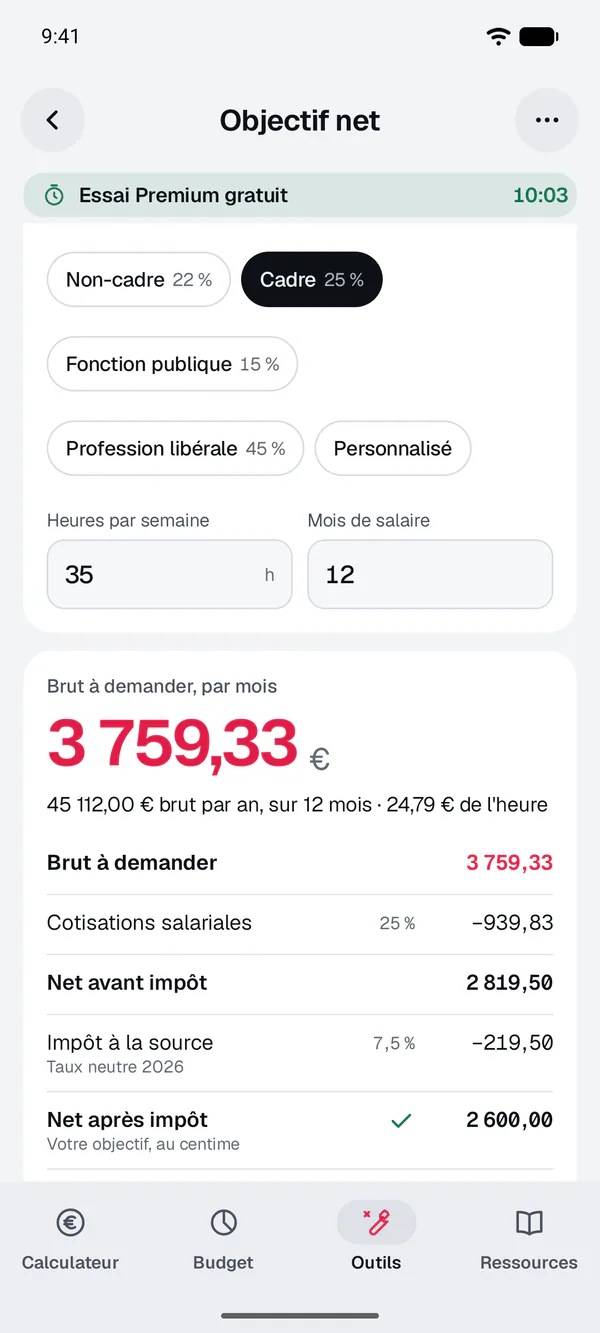 App Android Calcul Salaire, outil Objectif net après impôt : 2 600 € voulus par mois, 3 759,33 € brut à demander