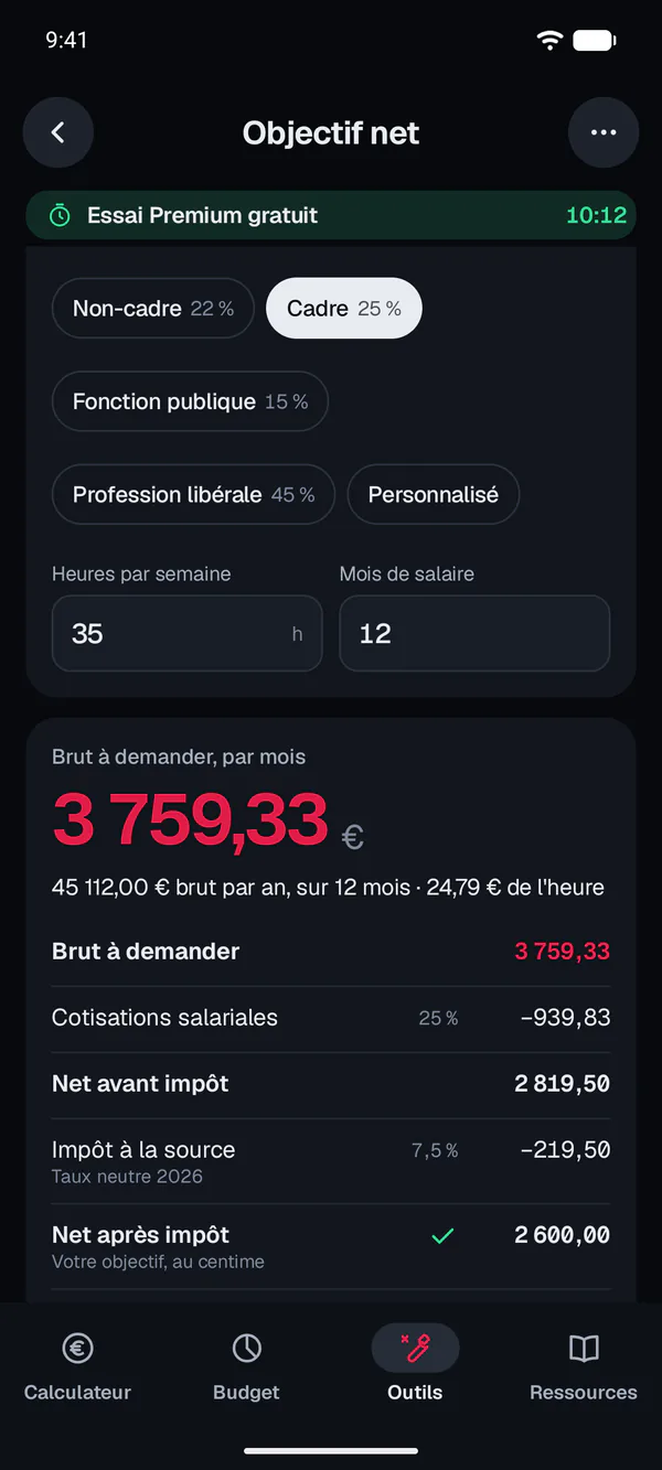 App Android Calcul Salaire, outil Objectif net après impôt : 2 600 € voulus par mois, 3 759,33 € brut à demander