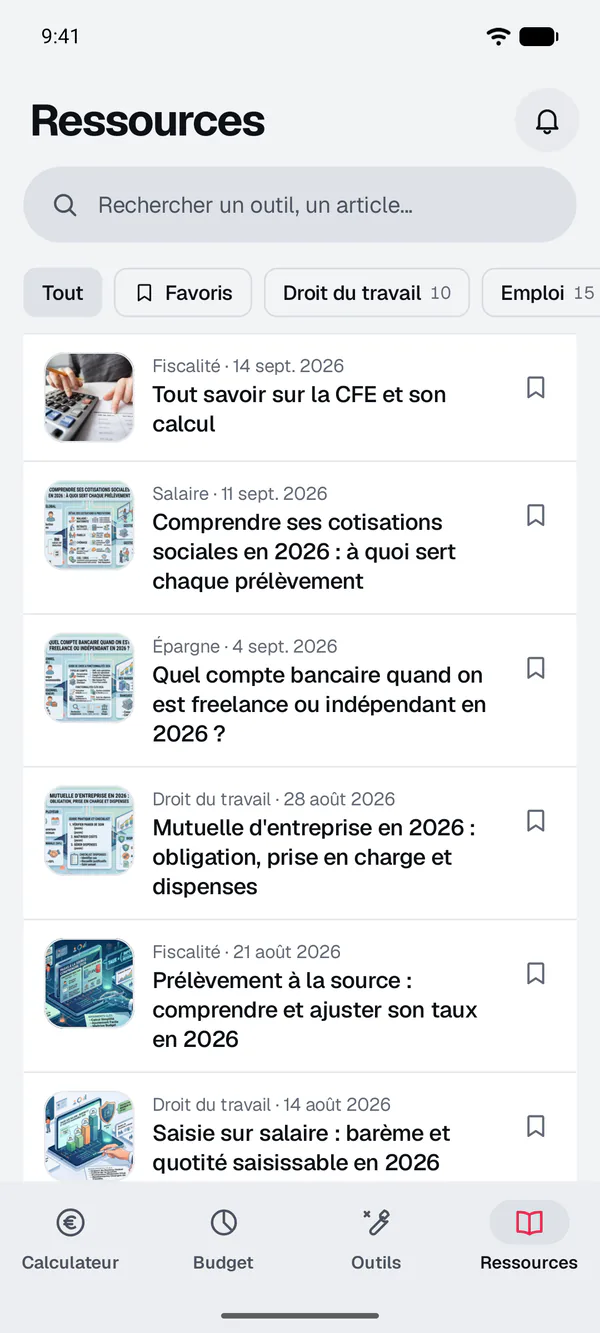 App Android Calcul Salaire, onglet Ressources : les derniers articles sur le salaire, les impôts et le droit du travail
