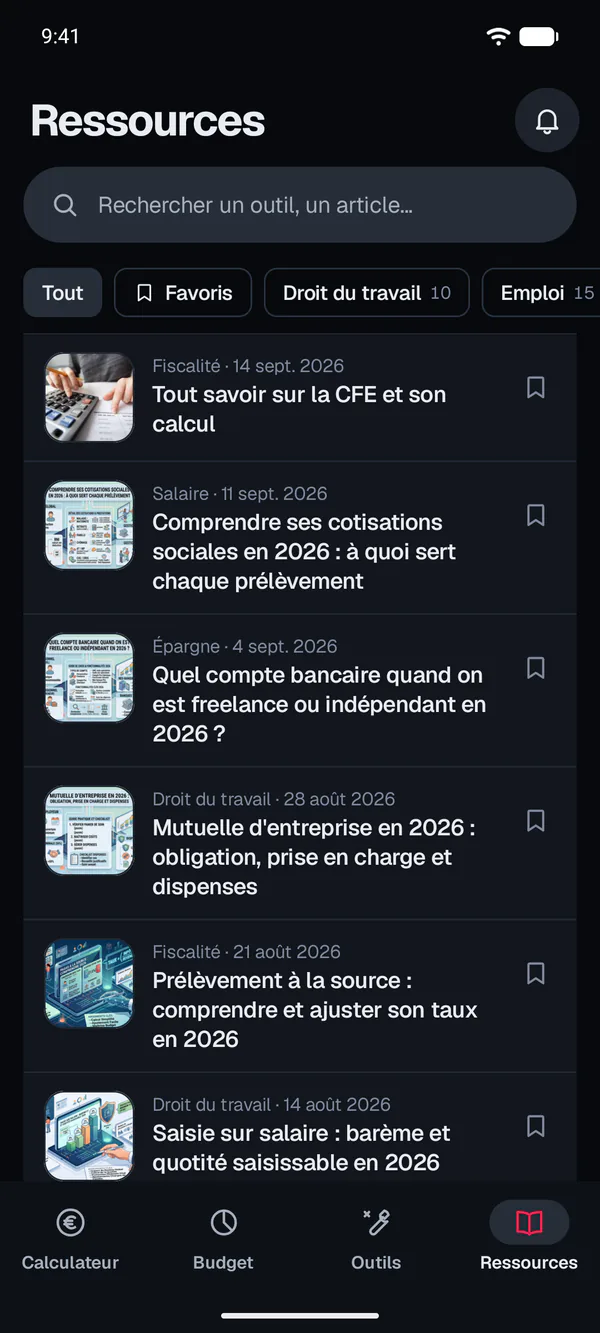 App Android Calcul Salaire, onglet Ressources : les derniers articles sur le salaire, les impôts et le droit du travail