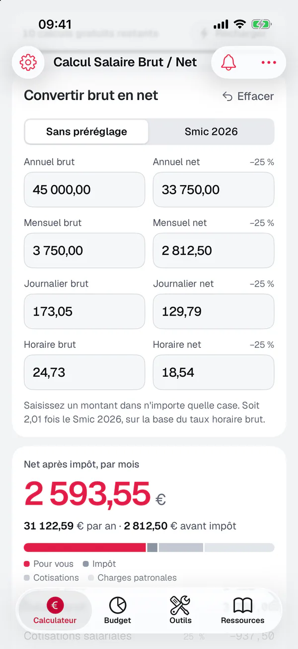 App iPhone Calcul Salaire, calculateur : 45 000 € brut par an pour un cadre, soit 2 593,55 € net après impôt par mois