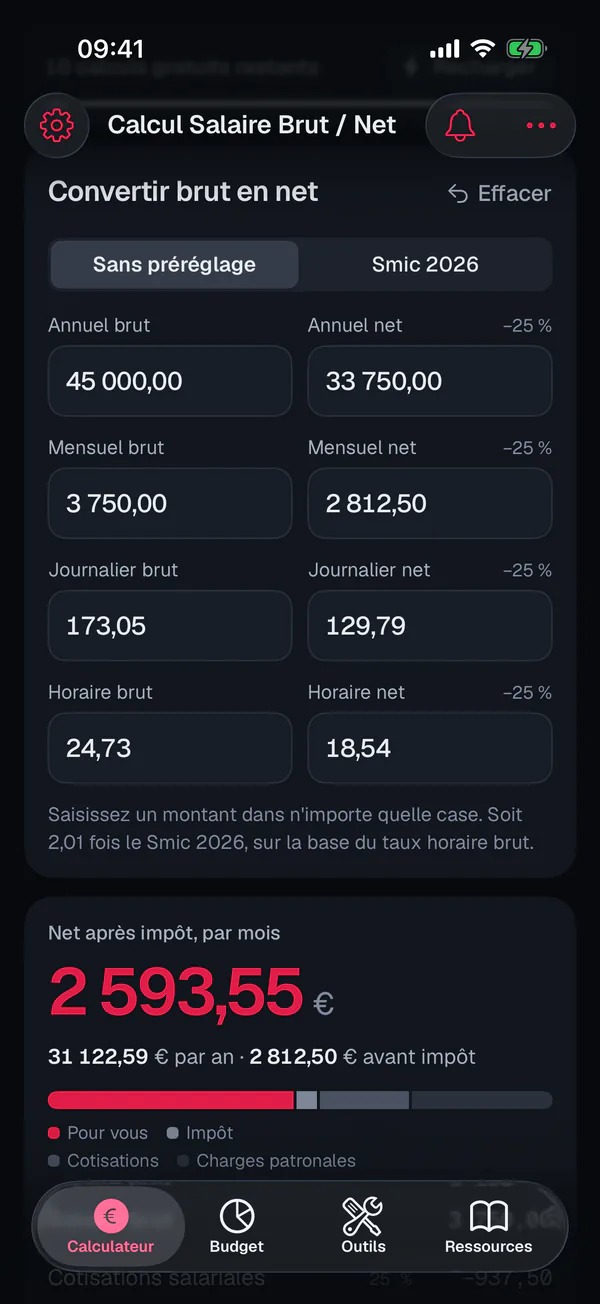 App iPhone Calcul Salaire, calculateur : 45 000 € brut par an pour un cadre, soit 2 593,55 € net après impôt par mois