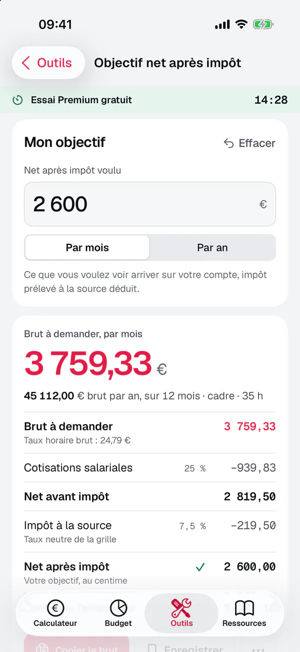 App iPhone Calcul Salaire, outil Objectif net après impôt : 2 600 € voulus par mois, 3 759,33 € brut à demander