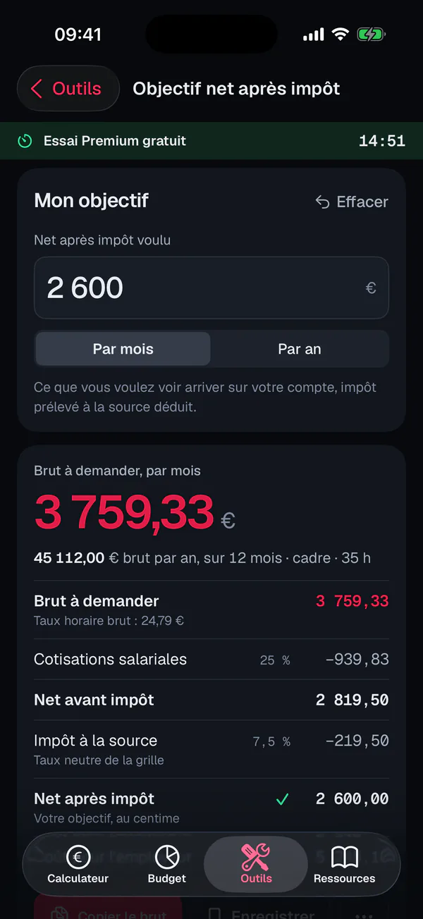 App iPhone Calcul Salaire, outil Objectif net après impôt : 2 600 € voulus par mois, 3 759,33 € brut à demander
