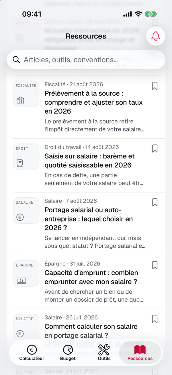 App iPhone Calcul Salaire, onglet Ressources : les derniers articles sur le salaire, les impôts et le droit du travail