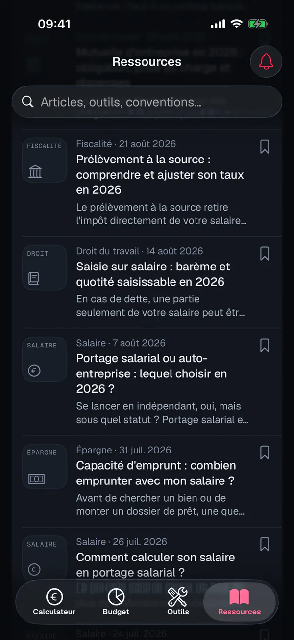 App iPhone Calcul Salaire, onglet Ressources : les derniers articles sur le salaire, les impôts et le droit du travail
