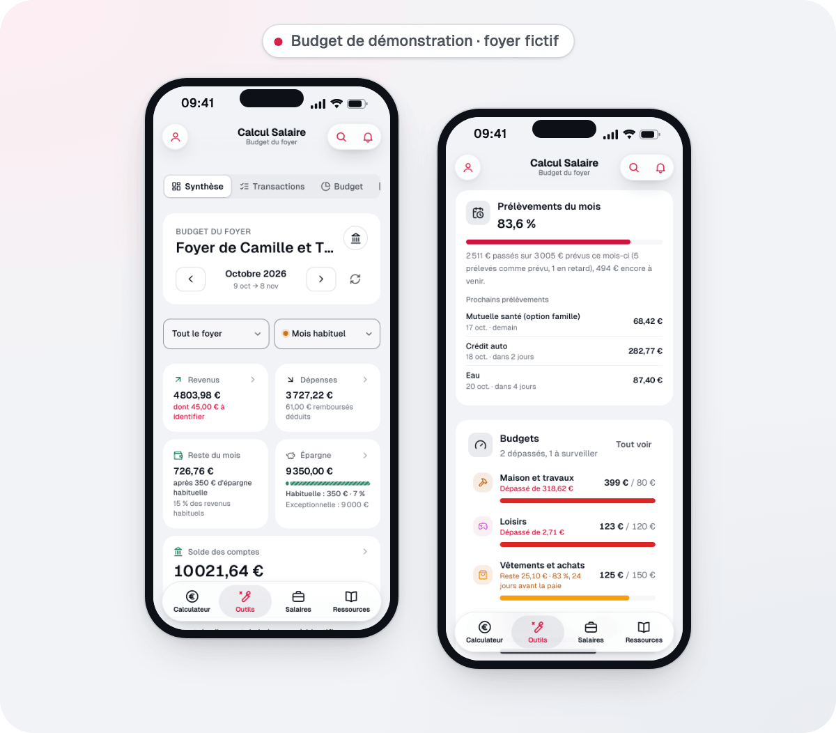 La synthèse du budget du foyer sur téléphone, avec un foyer fictif : 726,76 € de reste du mois, les prochains prélèvements (mutuelle, crédit auto, eau) et les budgets par catégorie.