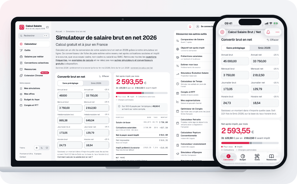 Le nouveau calculateur Calcul Salaire sur ordinateur et dans l'application iPhone : 45 000 € brut par an, soit 2 593,55 € net par mois après impôt.